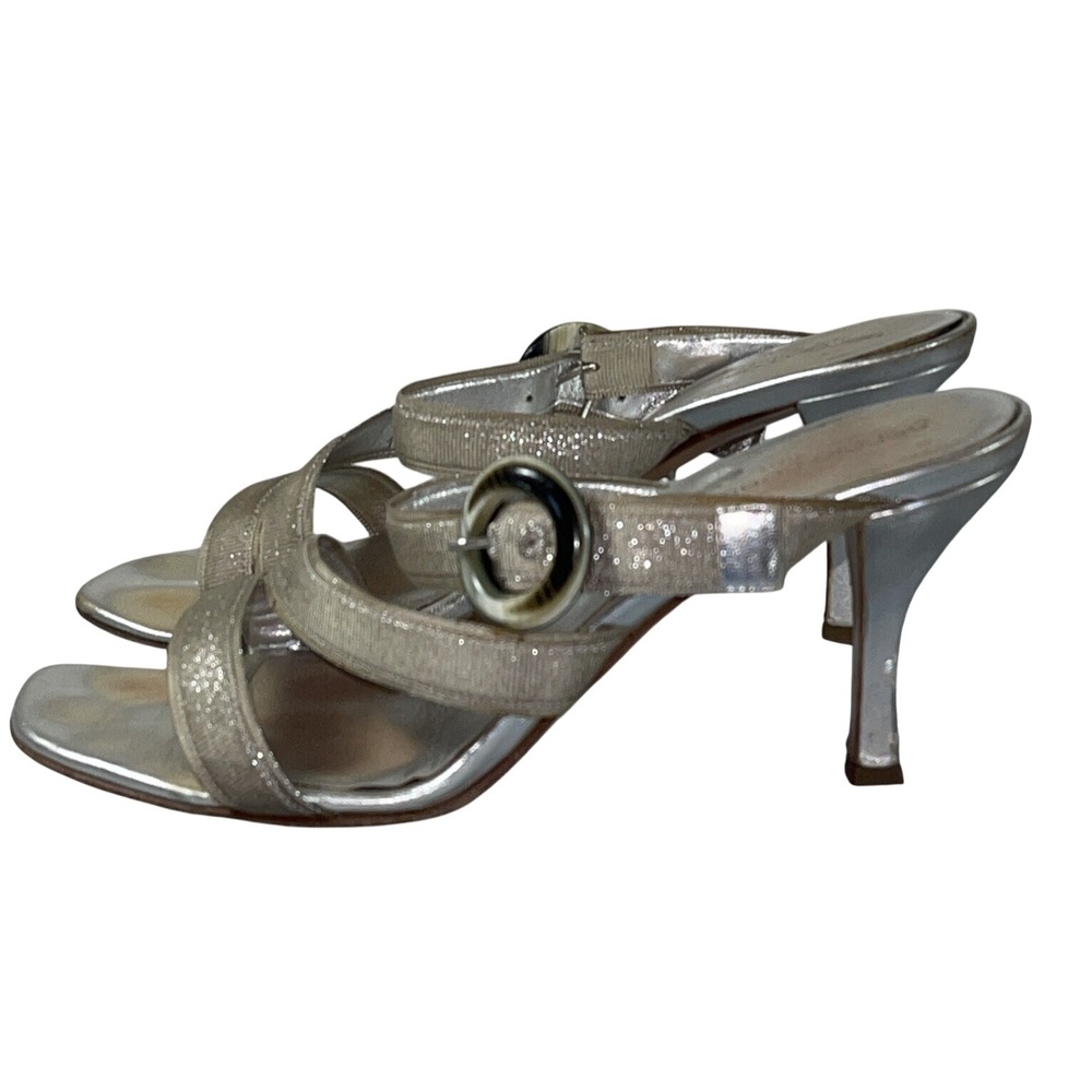 Sergio Rossi Womens SZ 38.5 Tess Natro Lurex Silver Strappy Sandals Y2K‎ Glam
